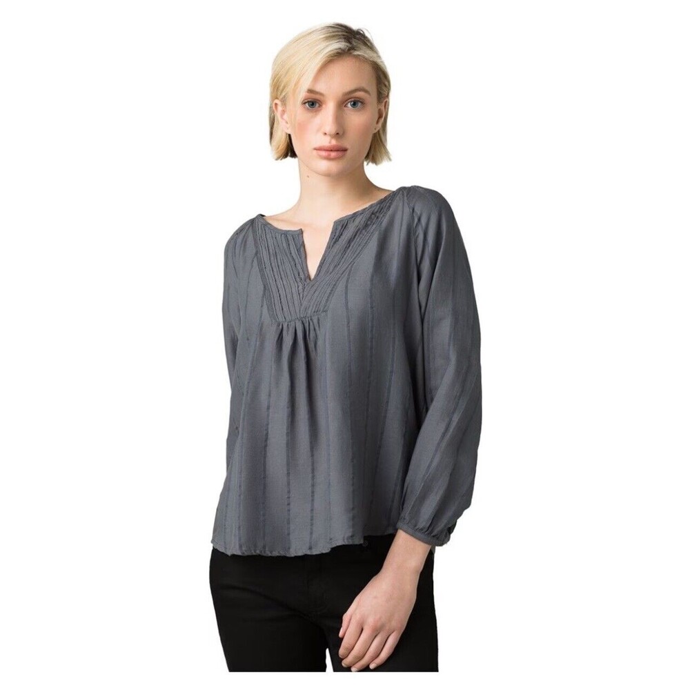 Prana Slate Gray Long-Sleeve Pleated Peasant Top